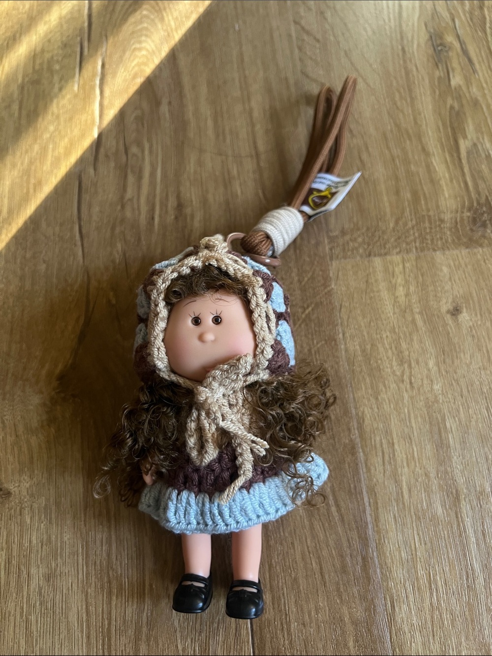 Cute Brown and Cream Knitted Doll Keychain - Blue Trim